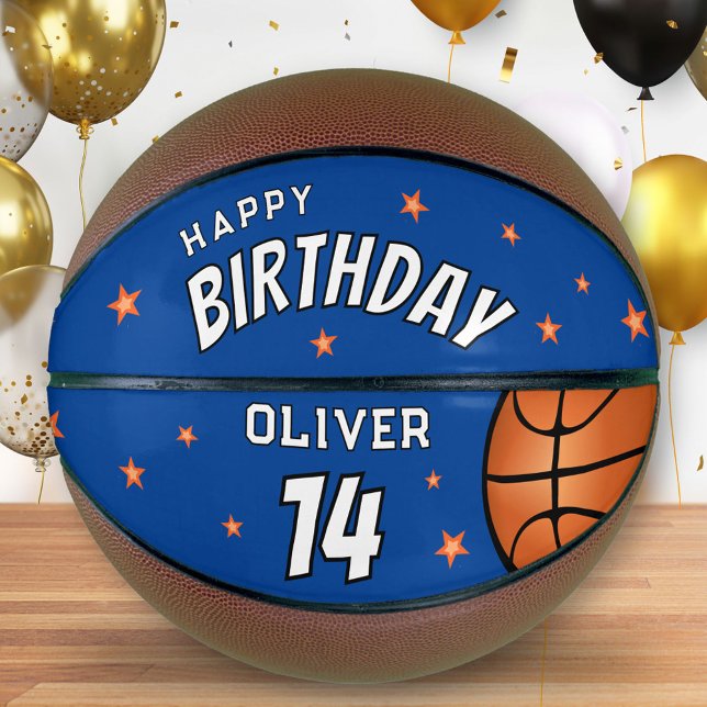 Balón De Baloncesto Moderno Blue Happy Birthday Stars Keepsake (Subido por el creador)