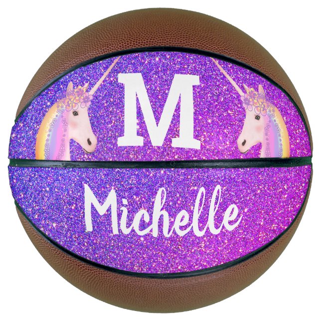 Balón De Baloncesto Monograma de Chicas unicornio morado Purpurina per (Anverso)