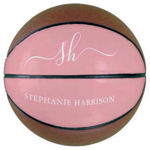 Balón De Baloncesto Monograma de nombre personalizado blanco rosado de