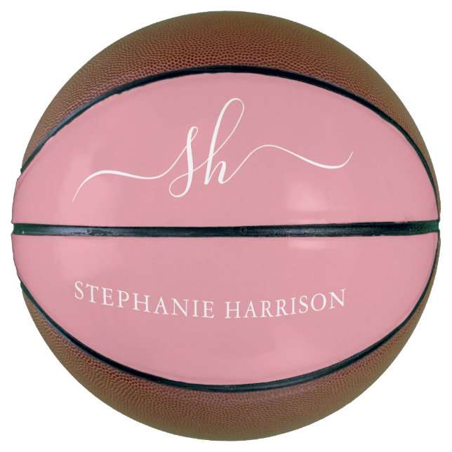 Balón De Baloncesto Monograma de nombre personalizado blanco rosado de (Anverso)
