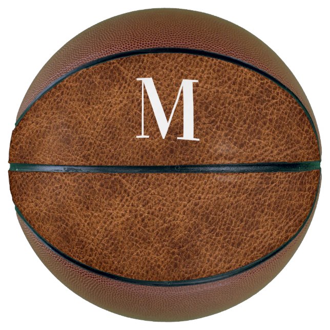 Balón De Baloncesto Monograma moderno de cuero marrón falso (Anverso)