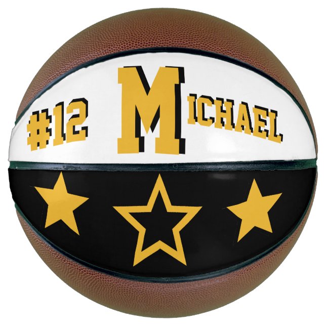 Balón De Baloncesto Monograma negro, blanco y oro (Anverso)