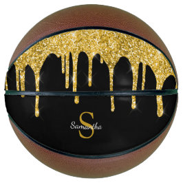 Balón De Baloncesto Monograma negro con destellos de oro Chic