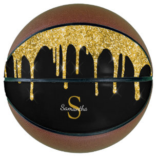 Balón De Baloncesto Monograma negro con destellos de oro Chic