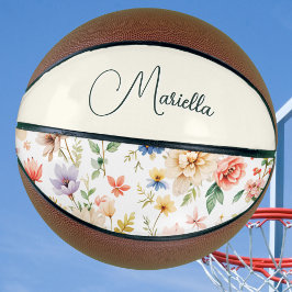 Balón De Baloncesto Nombre de guión de acuarela boho floral elegante