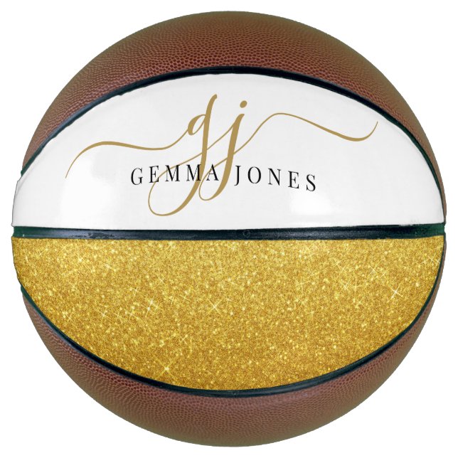Balón De Baloncesto Nombre de guión de monograma dorado negro (Anverso)