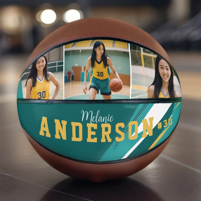 Balón De Baloncesto Nombre del jugador de Collage de fotos deportivo 3 (Sporty 3 Photo Collage Player Name & Team Number Basketball)