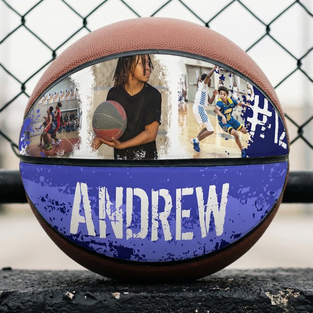 Balón De Baloncesto Nombre del jugador Personalizado deportivo y Colla (Sporty Custom Player Name & Number 3 Photo Collage Basketball)