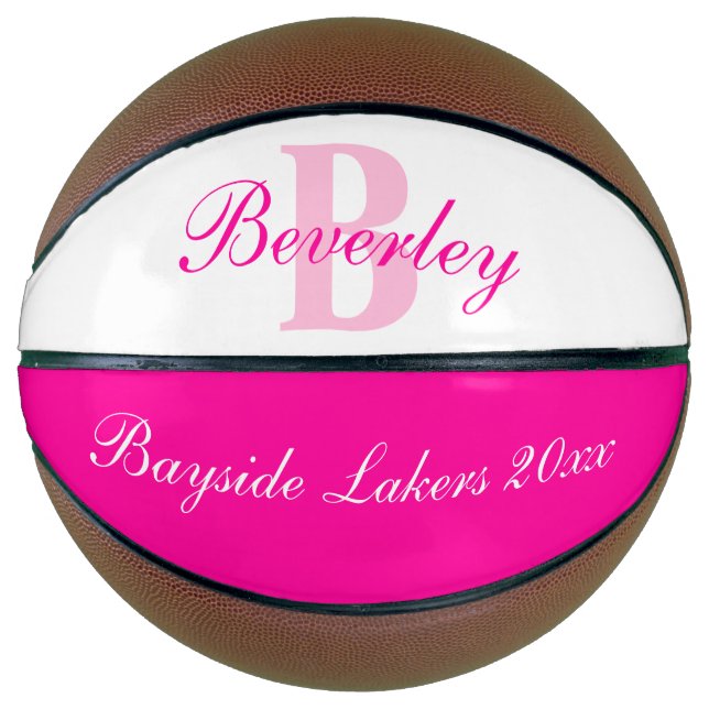 Balón De Baloncesto Nombre del monograma rosa, inicial y equipo (Anverso)