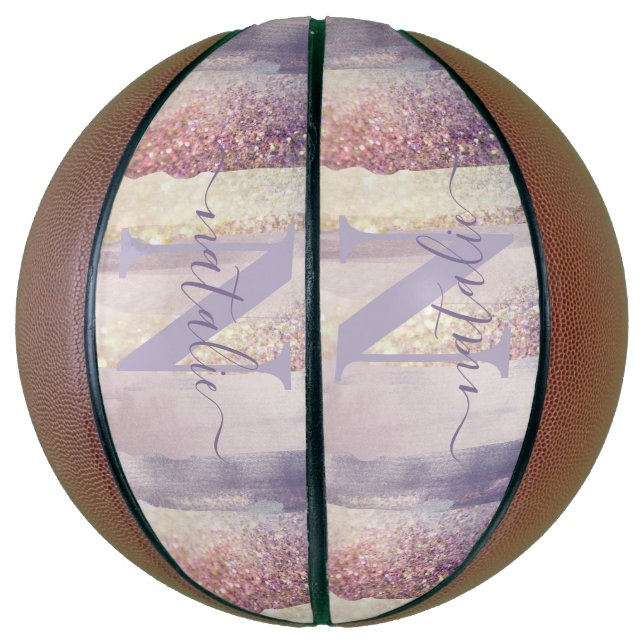 Balón De Baloncesto Nombre inicial del purpurina rosa morado brillante (Vertical)