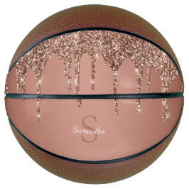 Balón De Baloncesto Nombre Monograma con Brillo de Oro Rosa que Cae en