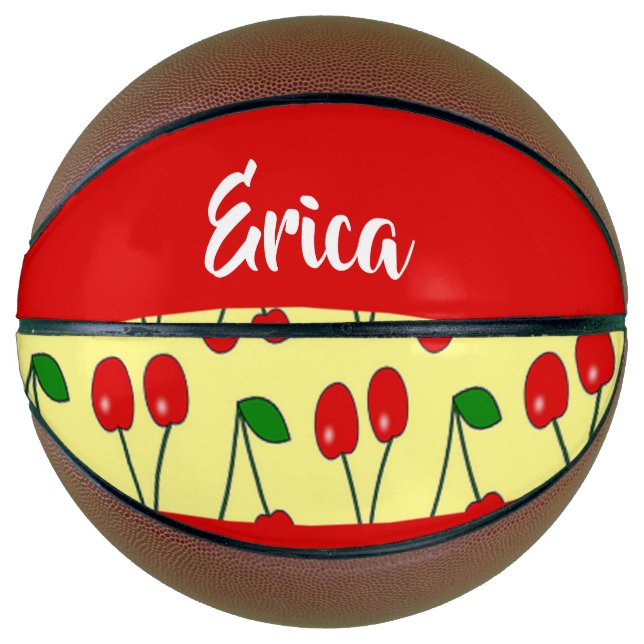 Balón De Baloncesto Nombre personalizado de cerezas rojas en amarillo (Anverso)
