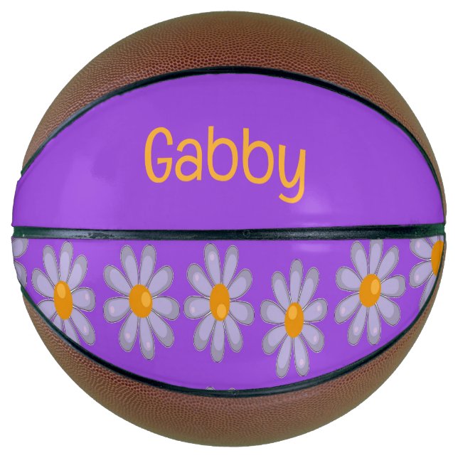Balón De Baloncesto Nombre personalizado flores azules en violeta (Anverso)