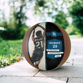 Balón De Baloncesto Número de Jersey | Monograma de Graduación Azul