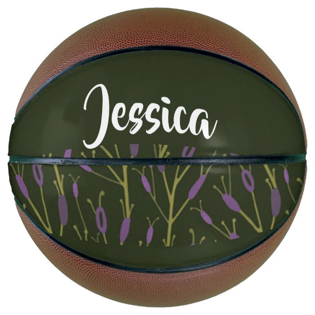 Balón De Baloncesto Patrón de ramas florales púrpura y verde (Anverso)