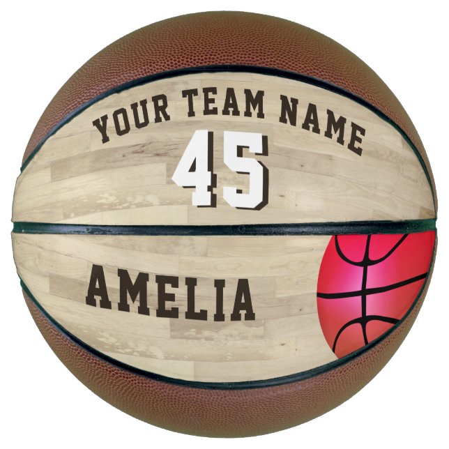Balón De Baloncesto Personalizado rosa nombre de equipo número piso de (Anverso)
