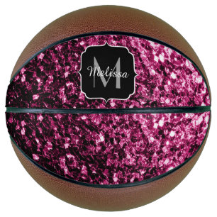 Balón De Baloncesto Purpurina falso rosa oscuro destello Monograma nom