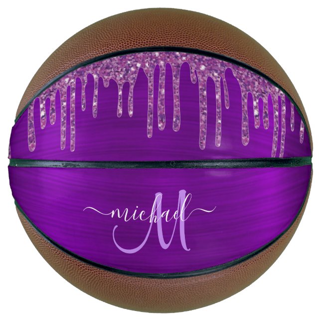 Balón De Baloncesto Purpurina Girly Purple Dripping Brush Monograma Me (Anverso)
