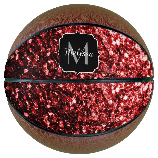 Balón De Baloncesto Purpurina rojo oscuro destello relámpago Monograma (Anverso)