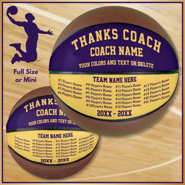 Balón De Baloncesto Regalos de Apreciación Purple, Gold del entrenador (Purple and Gold, Gift Ideas for Basketball Coaches. Personalized Basketballs with ALL Players Names.)