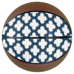 Balón De Baloncesto Trellis azul blanco y naval, Entramado, Quatrefoil
