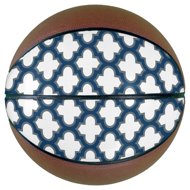 Balón De Baloncesto Trellis azul blanco y naval, Entramado, Quatrefoil (Anverso)