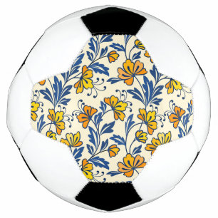 Balón De Fútbol Amarillo Naranja Floral Folclórico Azul Hoja Vinta