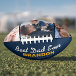 Balón De Fútbol Americano Best Dad Ever Blue Custom Photo<br><div class="desc">Custom fathers day football gift featuring a 3 family photo collage,  the text "best dad ever",  dads name,  the kids names,  and the year.</div>