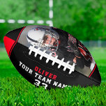 Balón De Fútbol Americano Black Red Name Number Team Photo<br><div class="desc">Black Red Name Number Team Photo Football. Personalize it with your photo, name, team name and year. The text is trendy white and red typography on a black background with a red stripe. You can change any text on the football or erase it. A perfect gift for a football player,...</div>