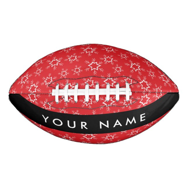 Balón De Fútbol Americano Copos de nieve rojos y blancos, tu nombre, persona (Anverso)