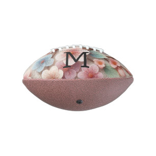 Balón De Fútbol Americano Encaje de monograma floral rosa pastel flor de cer
