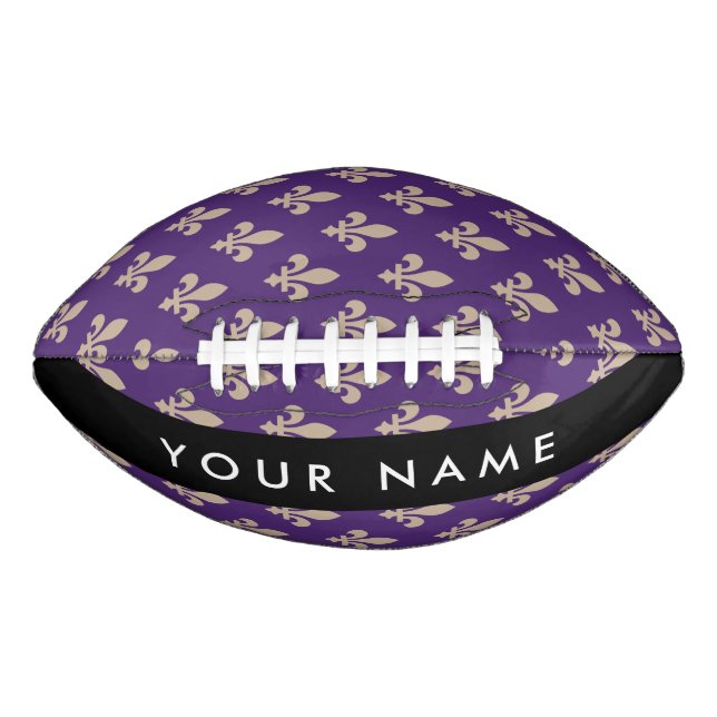 Balón De Fútbol Americano Fleur de Lis, Beige on Purple, Royal, Your Name (Anverso)