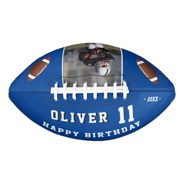 Balón De Fútbol Americano Foto de niños de cumpleaños modernos, azul y feliz (Anverso)