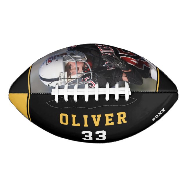 Balón De Fútbol Americano Foto del número de nombre del jugador negro amaril (Anverso)