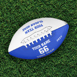 Balón De Fútbol Americano Fútbol azul blanco personalizado con nombre, númer<br><div class="desc">Crea tu propio personalizado de fútbol azul blanco con Nombre, Número, Nombre del equipo, Lema y Año. Personalice esta sencilla plantilla clásica de fútbol con su mensaje personalizado, nombre, nombre del equipo y año. Fácilmente lo personaliza para un deporte fresco. Crea tu regalo personalizado único para entrenador, cumpleaños de niño,...</div>