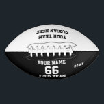Balón De Fútbol Americano Fútbol negro personalizado con nombre, número, equ<br><div class="desc">Crea tu propio personalizado de fútbol blanco negro con Nombre, Número, Nombre del equipo, Lema y Año. Personalice esta sencilla plantilla clásica de fútbol con su mensaje personalizado, nombre, nombre del equipo y año. Fácilmente lo personaliza para un deporte fresco. Crea tu regalo personalizado único para entrenador, cumpleaños de niño,...</div>