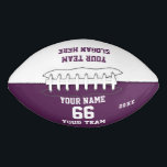 Balón De Fútbol Americano Fútbol púrpura con nombre, número, equipo<br><div class="desc">Crea tu propio personalizado de fútbol rojo blanco con Nombre, Número, Nombre del equipo, Lema y Año. Personalice esta sencilla plantilla clásica de fútbol con su mensaje personalizado, nombre, nombre del equipo y año. Fácilmente lo personaliza para un deporte fresco. Crea tu regalo personalizado único para entrenador, cumpleaños de niño,...</div>
