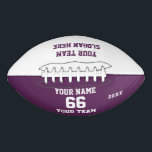 Balón De Fútbol Americano Fútbol púrpura con nombre, número, equipo<br><div class="desc">Crea tu propio personalizado de fútbol rojo blanco con Nombre, Número, Nombre del equipo, Lema y Año. Personalice esta sencilla plantilla clásica de fútbol con su mensaje personalizado, nombre, nombre del equipo y año. Fácilmente lo personaliza para un deporte fresco. Crea tu regalo personalizado único para entrenador, cumpleaños de niño,...</div>