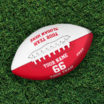 Balón De Fútbol Americano Fútbol rojo blanco personalizado con nombre, númer<br><div class="desc">Crea tu propio personalizado de fútbol rojo blanco con Nombre, Número, Nombre del equipo, Lema y Año. Personalice esta sencilla plantilla clásica de fútbol con su mensaje personalizado, nombre, nombre del equipo y año. Fácilmente lo personaliza para un deporte fresco. Crea tu regalo personalizado único para entrenador, cumpleaños de niño,...</div>