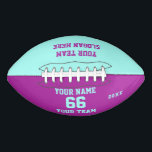 Balón De Fútbol Americano Fútbol turquesa morado con nombre, número, equipo<br><div class="desc">Crea tu propio personalizado de fútbol rojo blanco con Nombre, Número, Nombre del equipo, Lema y Año. Personalice esta sencilla plantilla clásica de fútbol con su mensaje personalizado, nombre, nombre del equipo y año. Fácilmente lo personaliza para un deporte fresco. Crea tu regalo personalizado único para entrenador, cumpleaños de niño,...</div>