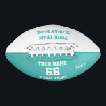 Balón De Fútbol Americano Fútbol turquesa personalizado con nombre, número,<br><div class="desc">Crea tu propio personalizado azul turquesa azul turquesa con Nombre, Número, Nombre del equipo, Lema y Año. Personalice esta sencilla plantilla clásica de fútbol con su mensaje personalizado, nombre, nombre del equipo y año. Fácilmente lo personaliza para un deporte fresco. Crea tu regalo personalizado único para entrenador, cumpleaños de niño,...</div>