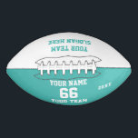 Balón De Fútbol Americano Fútbol turquesa personalizado con nombre, número,<br><div class="desc">Crea tu propio personalizado azul turquesa azul turquesa con Nombre, Número, Nombre del equipo, Lema y Año. Personalice esta sencilla plantilla clásica de fútbol con su mensaje personalizado, nombre, nombre del equipo y año. Fácilmente lo personaliza para un deporte fresco. Crea tu regalo personalizado único para entrenador, cumpleaños de niño,...</div>