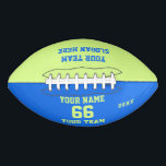 Balón De Fútbol Americano Fútbol verde azul con nombre, número, equipo<br><div class="desc">Crea tu propio personalizado de fútbol rojo blanco con Nombre, Número, Nombre del equipo, Lema y Año. Personalice esta sencilla plantilla clásica de fútbol con su mensaje personalizado, nombre, nombre del equipo y año. Fácilmente lo personaliza para un deporte fresco. Crea tu regalo personalizado único para entrenador, cumpleaños de niño,...</div>
