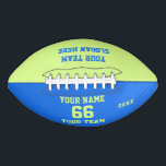 Balón De Fútbol Americano Fútbol verde azul con nombre, número, equipo<br><div class="desc">Crea tu propio personalizado de fútbol rojo blanco con Nombre, Número, Nombre del equipo, Lema y Año. Personalice esta sencilla plantilla clásica de fútbol con su mensaje personalizado, nombre, nombre del equipo y año. Fácilmente lo personaliza para un deporte fresco. Crea tu regalo personalizado único para entrenador, cumpleaños de niño,...</div>