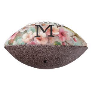 Balón De Fútbol Americano Monograma de acuarela floral de flores de cerezo r