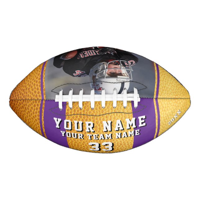 Balón De Fútbol Americano Nombre de jugador morado amarillo Número de equipo (Anverso)