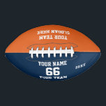 Balón De Fútbol Americano Nombre del Fútbol blanco azul naranja, número, equ<br><div class="desc">Crea tu propio personalizado naranja de fútbol blanco negro con nombre, número, nombre del equipo, lema y año. Personalice esta sencilla plantilla clásica de fútbol con su mensaje personalizado, nombre, nombre del equipo y año. Fácilmente lo personaliza para un deporte fresco. Crea tu regalo personalizado único para entrenador, cumpleaños de...</div>