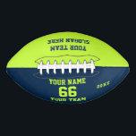 Balón De Fútbol Americano Nombre del Fútbol blanco azul verde, número, equip<br><div class="desc">Crea tu propio personalizado de fútbol blanco azul verde con Nombre, Número, Nombre del equipo, Lema y Año. Personalice esta sencilla plantilla clásica de fútbol con su mensaje personalizado, nombre, nombre del equipo y año. Fácilmente lo personaliza para un deporte fresco. Crea tu regalo personalizado único para entrenador, cumpleaños de...</div>