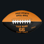 Balón De Fútbol Americano Personalizado naranja nombre de fútbol negro, núme<br><div class="desc">Crea tu propio personalizado naranja de fútbol blanco negro con nombre, número, nombre del equipo, lema y año. Personalice esta sencilla plantilla clásica de fútbol con su mensaje personalizado, nombre, nombre del equipo y año. Fácilmente lo personaliza para un deporte fresco. Crea tu regalo personalizado único para entrenador, cumpleaños de...</div>