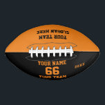 Balón De Fútbol Americano Personalizado naranja nombre de fútbol negro, núme<br><div class="desc">Crea tu propio personalizado naranja de fútbol blanco negro con nombre, número, nombre del equipo, lema y año. Personalice esta sencilla plantilla clásica de fútbol con su mensaje personalizado, nombre, nombre del equipo y año. Fácilmente lo personaliza para un deporte fresco. Crea tu regalo personalizado único para entrenador, cumpleaños de...</div>